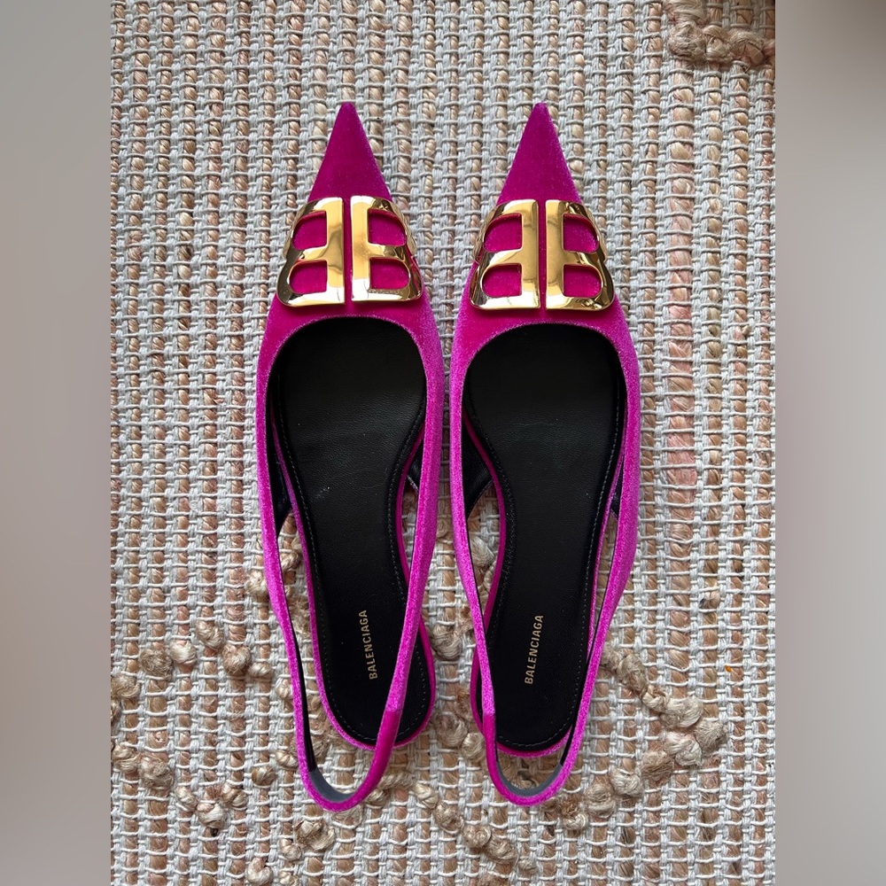 Balenciaga Pink Fuchsia Velvet BB Knife Knit Slingback Flats Size 37